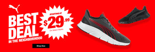 Puma shoes on a red background with promotional text and pricing.