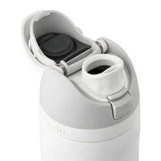 FreeSip 24 oz stainless steel bottle with open lid, inner components visible.