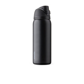 32oz stainless steel sip bottle, strap folded on top, owala logo, very dark finish