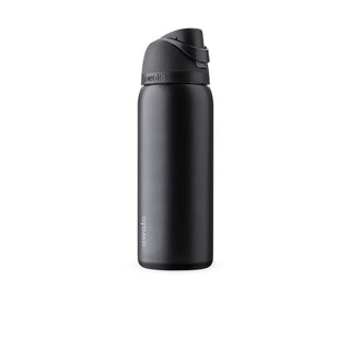 32oz stainless steel bottle with folded carry strap, owala logo, very dark finish