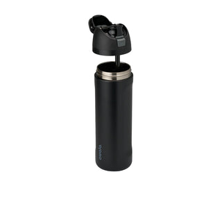 32oz stainless steel sip bottle in very dark finish, open flip-top spout, metal rim