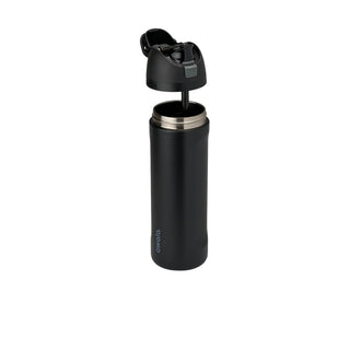 32oz stainless steel sip bottle, open flip-top spout with metal rim, very dark finish