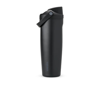 Dark stainless steel bottle with flip lid closed and vertical ovida logo.
