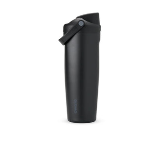 Dark stainless steel bottle side view with carry loop and closed flip lid.