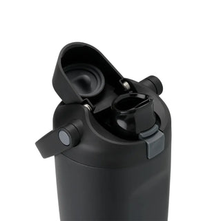 Dark stainless steel bottle lid open, showing straw spout and drinking cover.