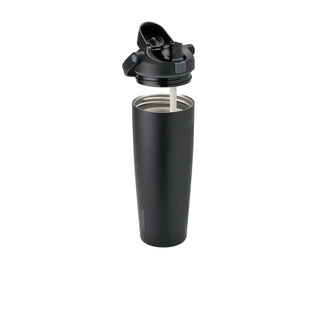 Dark stainless steel bottle with straw extended from open flip lid.