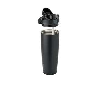 Dark stainless steel 30 oz bottle with straw dispensing from open lid.