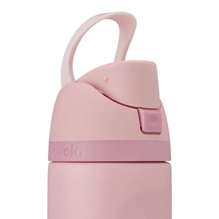 Rose quartz 24oz stainless steel bottle with raised carry loop and flip lid