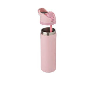 Rose quartz 24oz stainless steel bottle with flip sip lid and carry handle, angled