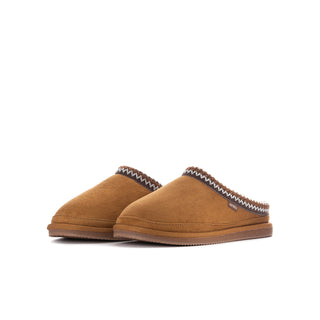 Pair of youth chestnut suede slip-on slippers with white zigzag collar trim