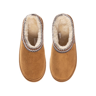 Front view of youth chestnut suede slippers with plush lining and zigzag trim