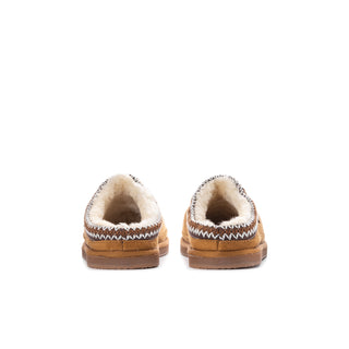 Back view of youth chestnut suede slippers with plush heel lining
