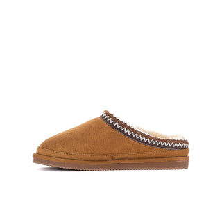 Side view of youth chestnut suede slip-on slipper with white zigzag trimmed collar