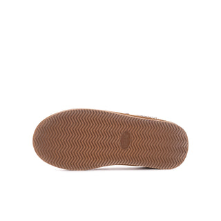 Outsole view of youth chestnut slip-on slipper with textured rubber tread