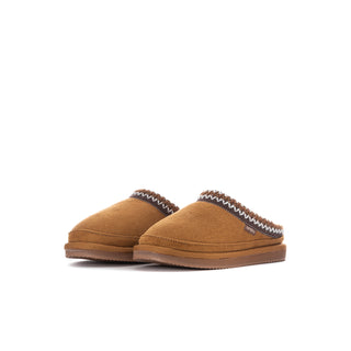 Kids chestnut slip-on moccasin slippers, side-by-side view