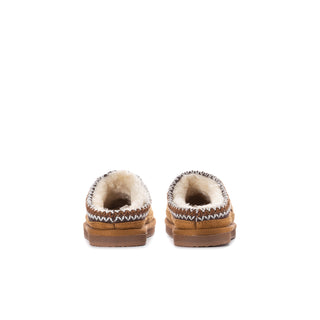 Kids chestnut slippers from back view with cushioned heel and thick sole
