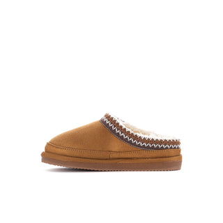 Kids chestnut moccasin slipper with white fuzzy collar and textured sole