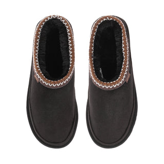 Black womens Carson slipper mules, fuzzy-lined open heel with stitched edge trim