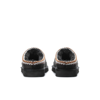 Black womens Carson slipper mules with heel collar and fuzzy lining; back view