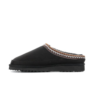 Black womens Carson slipper mule with zigzag stitched fuzzy trim and cushioned sole