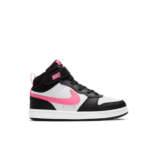 Kids mid-top sneakers in black, white, and pink with Nike logo on side