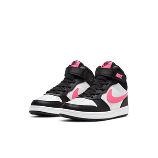 Pair of kids mid-top sneakers, black with white panels and pink swoosh