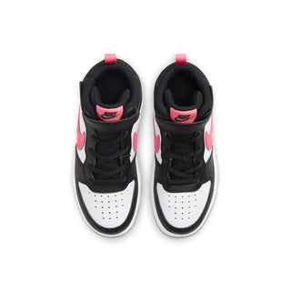 Kids mid-top sneakers heel view, black uppers with pink pull tab and white trim