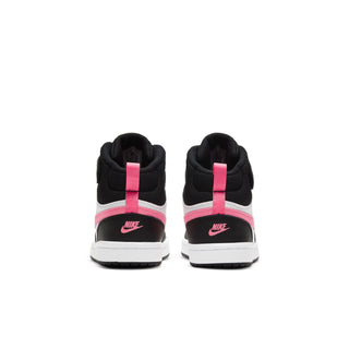 Kids mid-top sneakers back view, black uppers with pink heel stripe and Nike branding