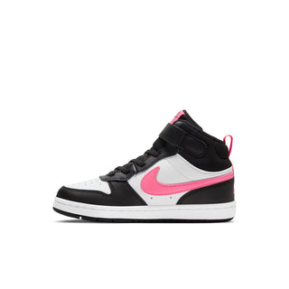 Kids mid-top sneakers side view, black and white with pink swoosh detail