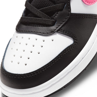 Kids sneaker toe and side vent holes, white panel with black overlays
