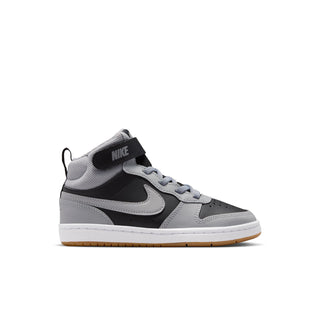 Kids mid-top sneakers in light gray with black, white, and gum sole; Nike Swoosh.