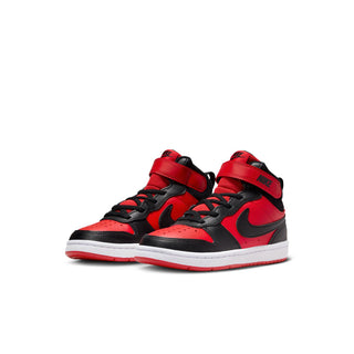 Pair of kids' mid-top sneakers, red/black, Nike swoosh, white outsole