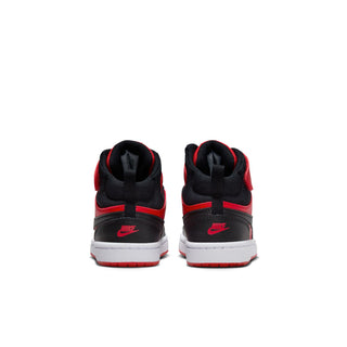 Kids' mid-top sneakers, heel view, red accents and black back with white midsoles