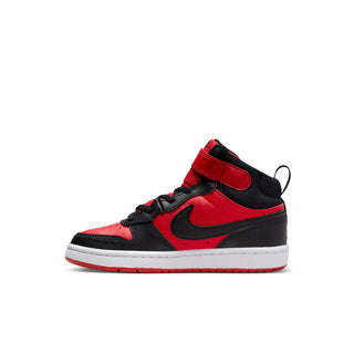 Kids' mid-top sneakers, red leather with black overlays, Nike swoosh, white sole
