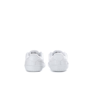 Infant white low-top sneakers, heel view, cushioned back and logo stitching