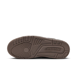 Shoe outsole view for dark brown women’s sneakers with Jordan logo on tread