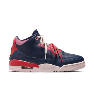 Navy, red and pink high-top womens sneakers with lace-up closure and white midsole