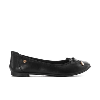 Single black womens ballet flat, side view with bow-knot detail at toe.