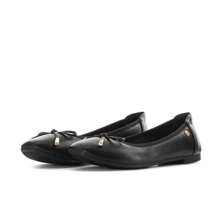 Pair of black womens ballet flats with bow detail at the toe.