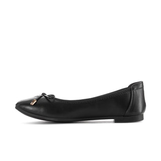 Women's black ballet flat with bow and rounded toe, low flat heel