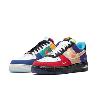 Men's Nike low-top sneakers pair, front 3/4 view with white, blue, red, orange, and green panels.