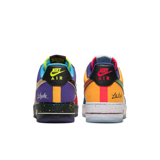 Men's Nike low-top sneaker heel view with Nike Air badge; multicolor upper and speckled sole.