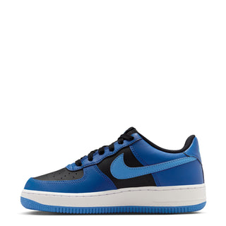 Youth Nike Air sneakers, side view, blue and black uppers with black laces