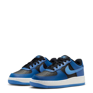 Youth Nike Air sneakers, pair view, blue leather with black swoosh and laces