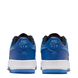 Youth Nike Air sneakers, heel back view, blue upper with black lining and white sole