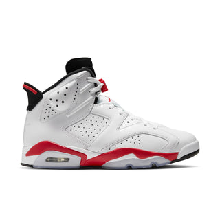 Men's white leather high-top sneakers with red accents and black collar