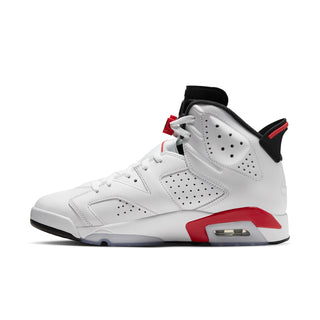 Men's white high-top sneakers with red outsole and black-and-red side strap
