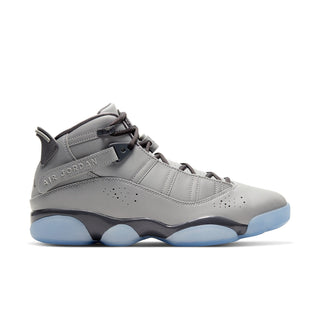 Mens high-top sneakers in metallic gray with black accents and light blue outsole
