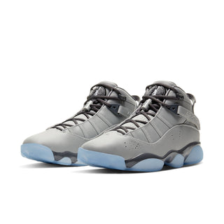 Pair of mens high-top sneakers, metallic gray leather, lace-up style, light blue soles
