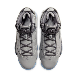 Mens high-top sneakers back view with lace tabs, padded collar, light blue outsole